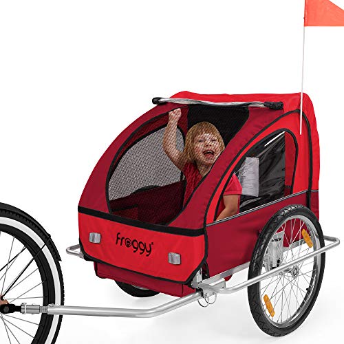 FROGGY Kinder Fahrradanhänger mit Federung + 5-Punkt Sicherheitsgurt, Anhänger für 1 bis 2 Kinder, Design Cherry