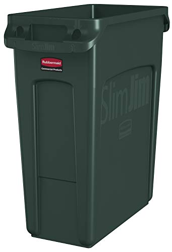 Rubbermaid Commercial Vented Slim Jim Rubbish Bin Waste Receptacle, 60 Litres, Green, Plastic, 1955960