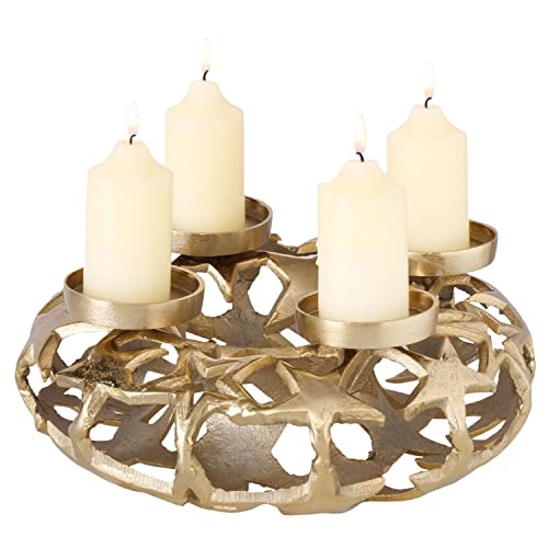 Boltze Kerzenleuchter Maluoni Gold I (BxH) 32x13cm, 1,6kg I Kerzenständer aus Sternen-Geflecht für 4 Kerzen I Advents-Kranz aus Metall für Stumpenkerzen I Tisch-Deko zu Weihnachten I Wohnzimmer