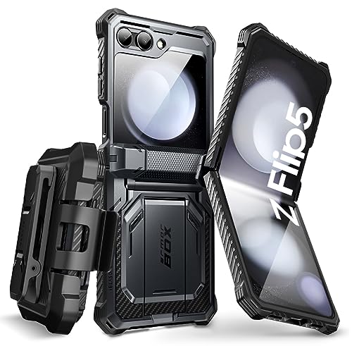 i-Blason Armorbox Series für Samsung Galaxy Z Flip 5 Hülle (2023) mit integriertem Displayschutz, Ständer und Gürtelclip, Robust Handyhülle Scharnierschutz Bumper Case (Schwarz)