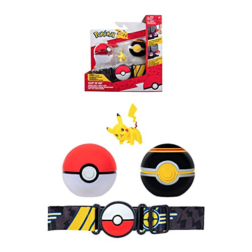 Bandai - Pokémon – Gürtel Clip 'N' Go – 1 Gürtel, 1 Poké-Ball, 1 Luxury Ball und 1 Figur 5 cm Pikachu – Zubehör zum Verkleiden als Pokémon-Trainer – JW2718