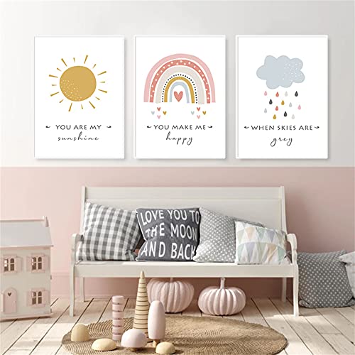 3er Set Poster Kinderzimmer Deko Regenbogen Wolken Bilder Ohne Rahmen Wandbilder für Jungen Mädchen Wohnzimmer Schlafzimmer Wanddeko (B,50 x 70 cm)