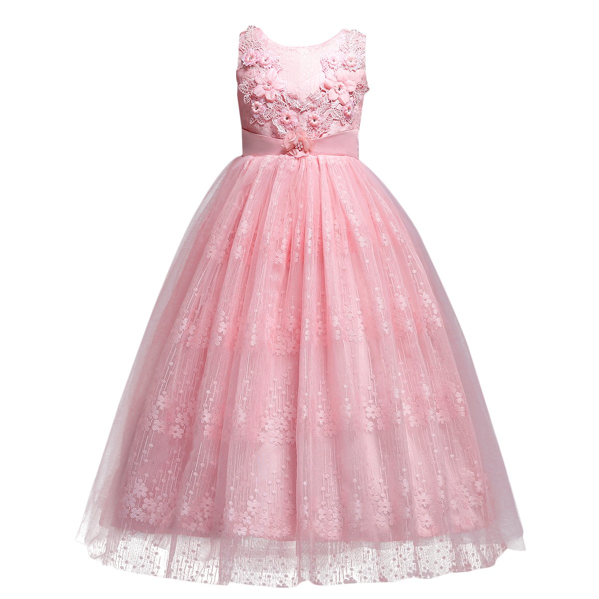 IBTOM CASTLE Mädchen Kleid Festlich Tüll Sommer Kleid Blumenmädchen Hochzeit Festzug Bekleidung Geburtstag Rosa 7-8 Jahre