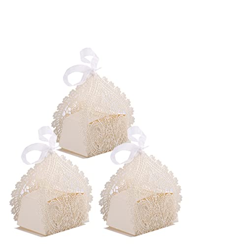 rosenice Hochzeit Favor Boxen 50 PCS Hollow Out Craft Paper Hochzeit Geschenk Box für Candy Süßigkeiten mit Bändern (Cremige Weiß)