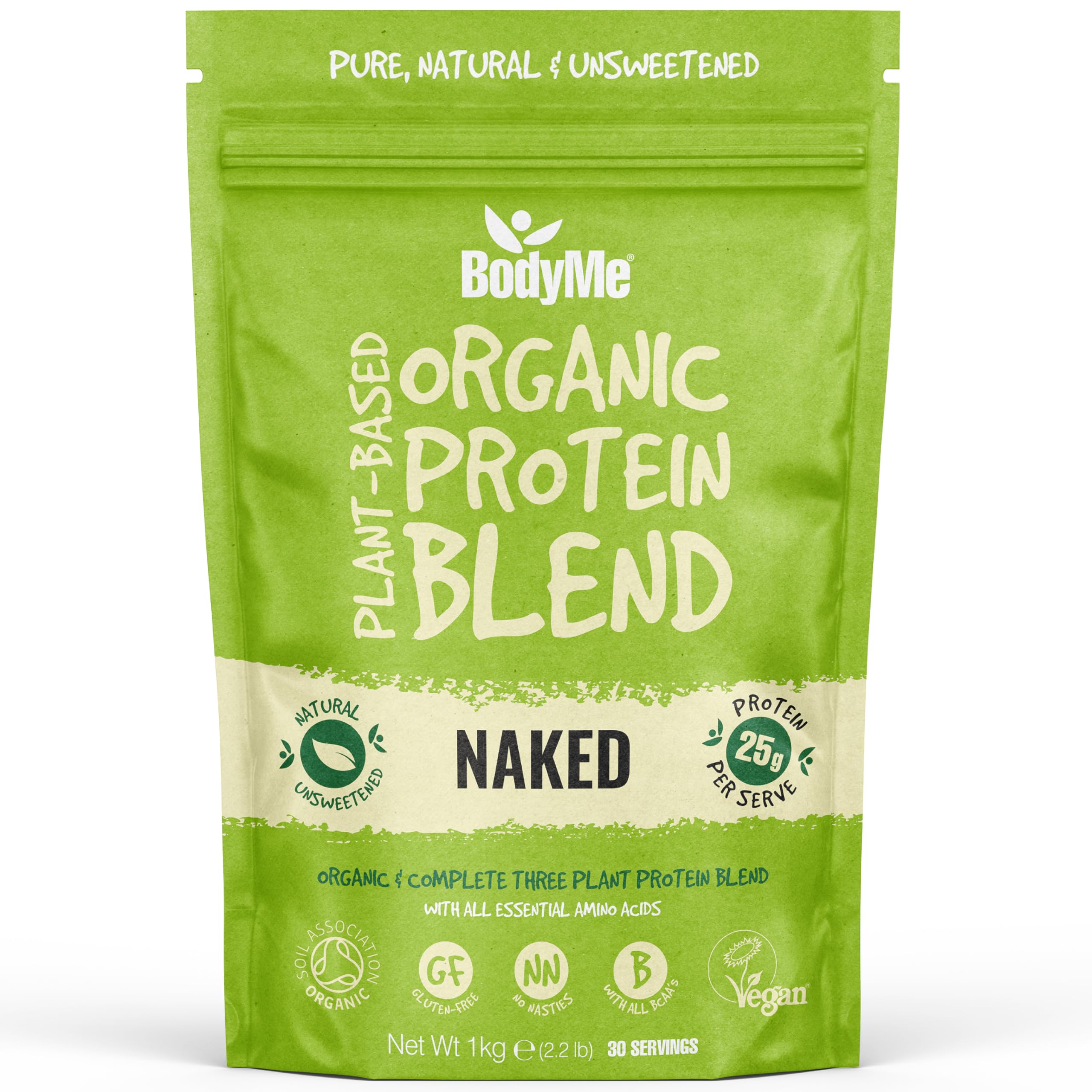 BodyMe Bio Vegan Protein Pulver Mischung | Naked Natürlich | 1kg | UNGESÜßT | Kohlenhydratarm | Glutenfrei | 24g Pflanzliches Proteine | Mit 3 Veganes Proteinpulver | Alle essentiellen Aminosäuren