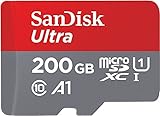 SanDisk Ultra 200 GB microSDXC Memory Card + SD Adapter with A1 App Performance Up to 120 MB/s, Class 10, U1, Red/Grey SDSQUA4-200G-GN6MA
