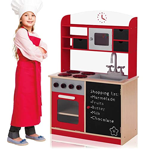 BAKAJI Holzküche Spielzeug für Kinder mit Tür und Schubladen Tafel Waschbecken aus Kunststoff 4 Kochfelder zum Öffnen und Mikrowelle Magnetverschlüsse 60 x 30 x 90 cm (Rot)