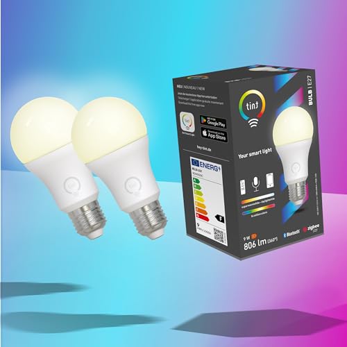 tint Smarte LED-Birne E27 – Steuerbar per Alexa, Fernbedienung oder App – Dimmbare E27 Glühbirne mit weißem und farbigem Licht RGB, 9,5 W, 2 Stück
