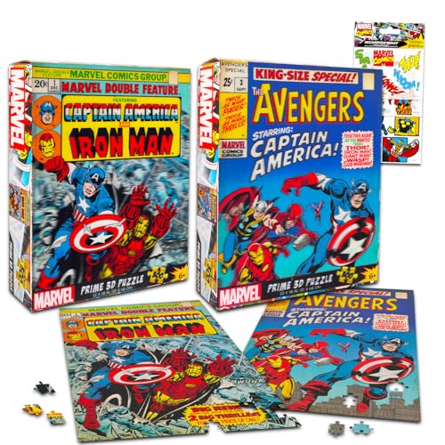 Avengers Puzzles für Kinder, Teenager, Erwachsene – Bündel mit 2 sortierten 300-teiligen Puzzles mit Captain America und Iron Man plus Aufklebern | Marvel Superhelden-Puzzles