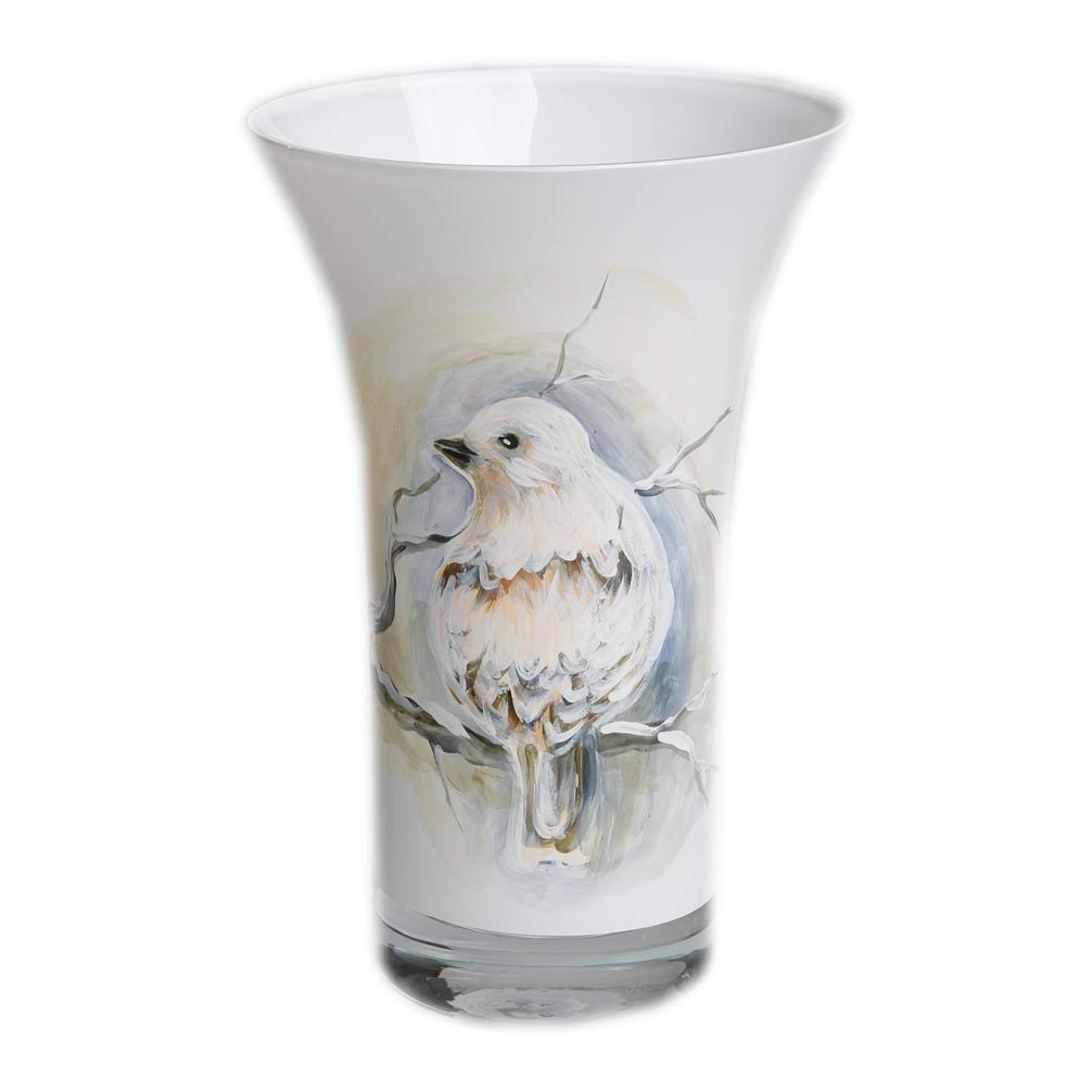 Vase Blumenvase 22 cm handbemalt Motiv Vogel weiß