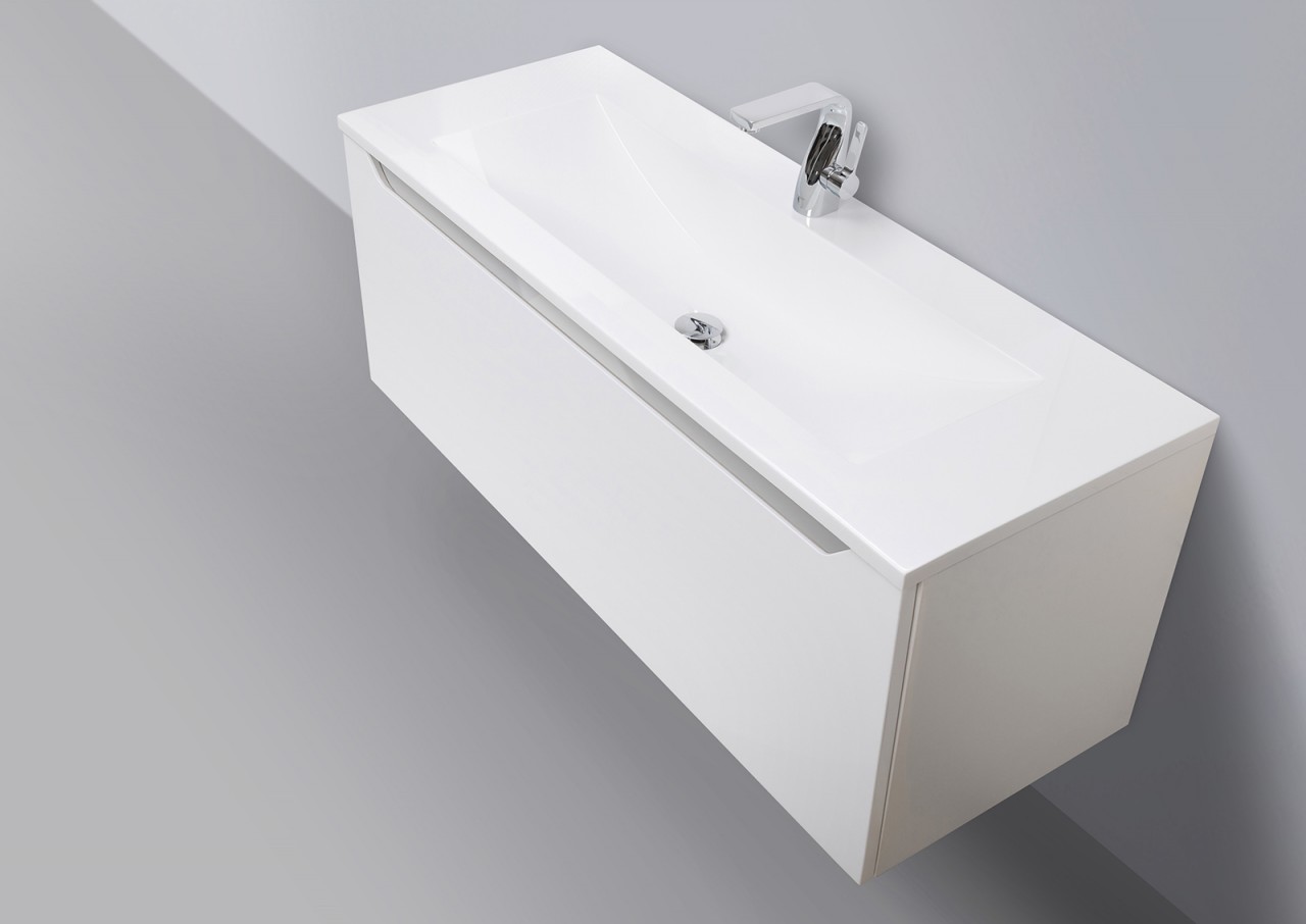 Design Badmöbel Set mit Waschtisch 120 cm, Grau Hochglanz Griffleiste Weiß Hochglanz Lack 3