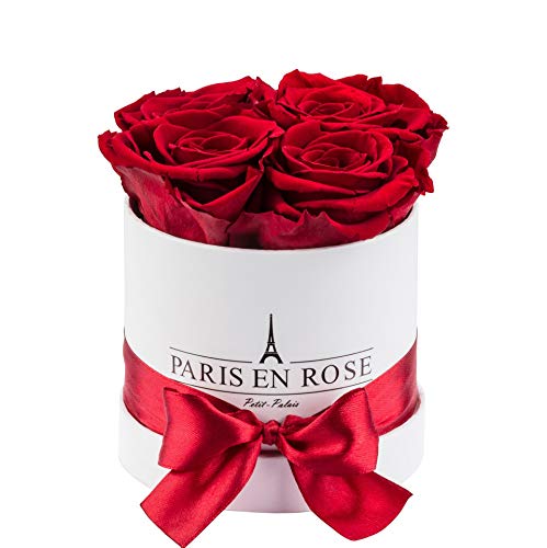 PARIS EN ROSE Rosenbox | mit 4 Bordeaux-roten Infinity Rosen Größe XL | echte, konservierte Blumen | runde Weiße Flowerbox mit Schleife | 3 Jahre haltbar