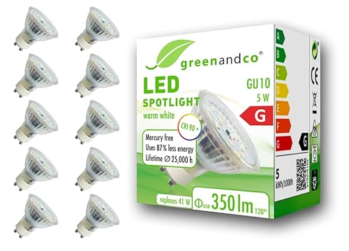 GreenAndCo 10x CRI90+ 3000K 110° LED Spot ersetzt 41 Watt GU10 Halogenstrahler, 5W 430 Lumen warmweiß SMD LED Strahler 230V AC Glas mit Schutzglas, flimmerfrei, nicht dimmbar, 2 Jahre Garantie