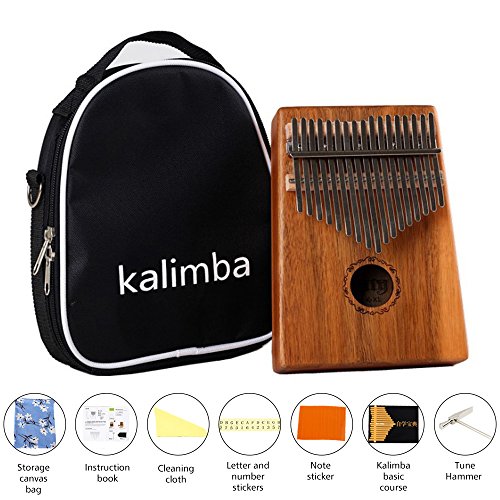 mifxin 17 Schlüssel Kalimba Daumen Klavier, Massivholz Körper Finger Tastatur Percussion für Anfänger mit Fall, Anleitung, Reinigungstuch, Tune Hammer, Kalimba Basic natürlich, Note Aufkleber, Buchstaben und Zahlen Aufkleber, 2 Farben Acacia wood