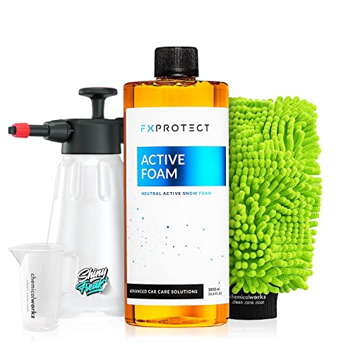 FX Protect ActiveFoam Aktivschaum (1L) - Hochkonzentrierter Snow Foam inkl. Waschhandschuh & Schaumsprüher - Für eine schonende Autowäsche - Vorreiniger, Shampoo, pH-neutral, waschen, reinigen | 5-tlg