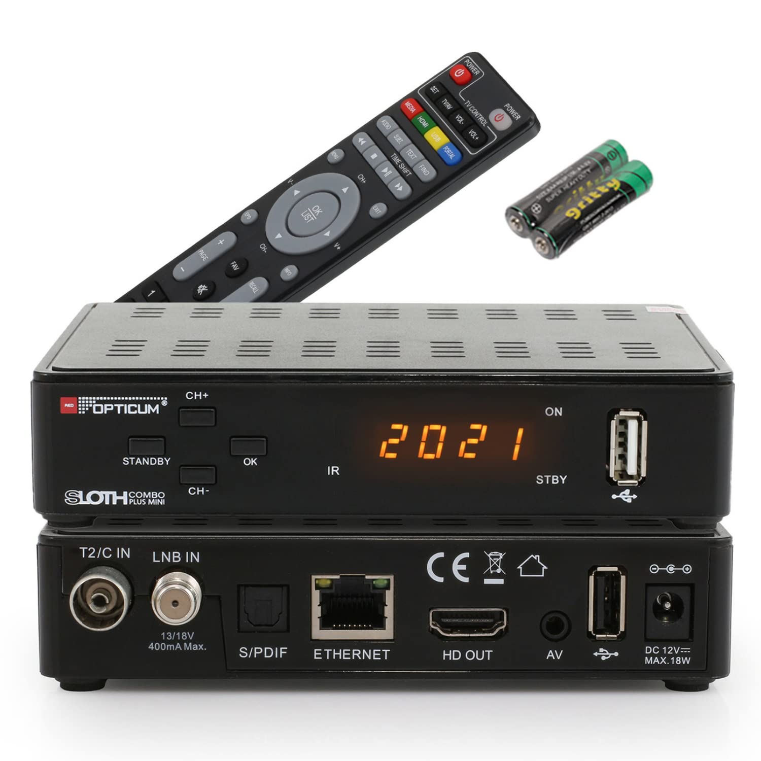 RED OPTICUM Sloth Combo Plus Mini inkl. HDMI-Kabel I DVB-C/-T2 DVB-S2 Receiver mit Aufnahmefunktion I Full HD Receiver mit LED Display - HDMI - S/PDIF - Ethernet - USB - IR Sensor - 12V Netzteil
