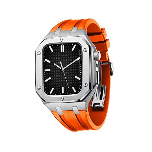 MAALYA Silikon Uhrenband Metall Lünette für Apple Watch 44/45mm Zubehör Mod Kit Zubehör Ersatz Silikon Armband Kompatibel mit iWatch SE/4/5/6/7 Series Hülle Silber, 45MM FOR 7, Achat