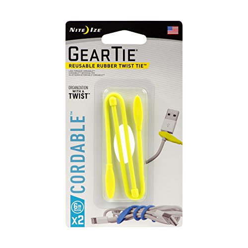 Nite Ize Gear Tie Cordable, The Orginal Reusable Rubber Twist Tie with Stretch-Loop for Cord Management + Storage, 6 Inch, Neon Yellow, 2 Pack, Made in USA