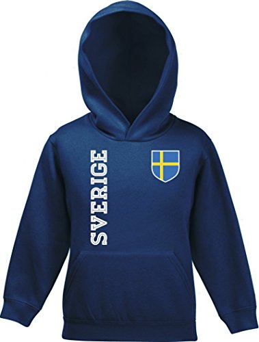 Schweden Sweden Fußball WM Fanshirt Gruppen Kinder Hoodie Kapuzenpullover Mädchen Jungen Fan Trikot Sverige, Größe: 152,Navy