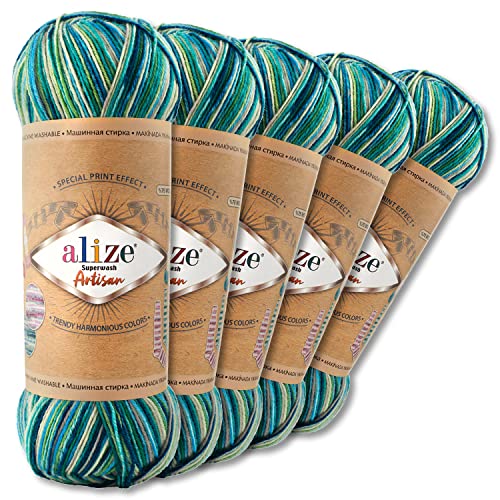 Wohnkult Alize 5 x 100 g Superwash Artisan Sockenwolle Premium 16 Auswahl Kontrast Häkeln Stricken (9001)