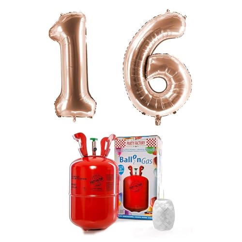 PARTY FACTORY Helium Set "16" mit XXL Zahlenballons, Ballongas und Ballonschnur - für Geburtstag, Jubiläum, Jahrestag; Gold, Silber, Schwarz, Pink, Rosa, Rosagold, Bunt (Roségold)