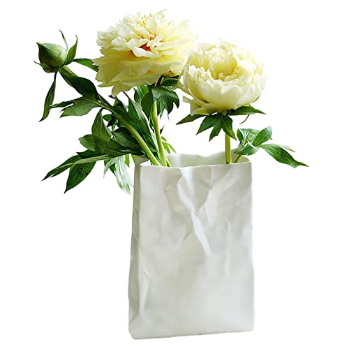 Crinkle Paper Bag Vase | Weiße Vase für Blumen,Vase in Crinkle-Papiertütenform, große Kapazität für Blumenarrangements, dekoratives Bücherregal Pratvider