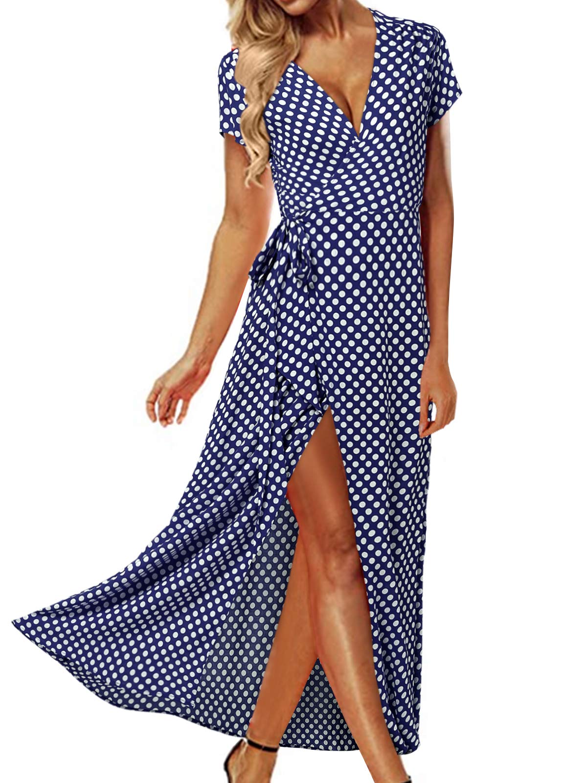 ACHIOOWA Sommerkleid Damen Elegantes Böhmisches Wickelkleid mit Schlitz Volant Kurzarm Maxikleid mit Bindegürtel Blau XL