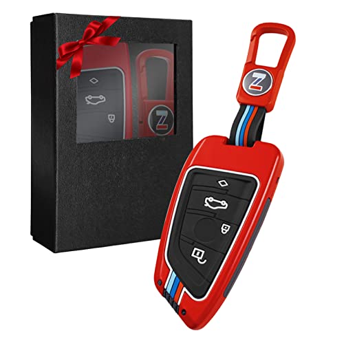 Yumzeco Zinklegierung Autoschlüssel Hülle Keyless Kompatibel mit 2 3 5 7 Serie X1 X2 X3 X5 X6 Schlüsselhülle mit Silicone TPU Schlüssel Cover Schutzhülle mit Schlüsselanhänger Rot