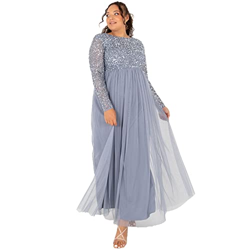 Maya Deluxe Damen Embellished Long Sleeve Maxi Formal Dress, Dusty Blue, 34