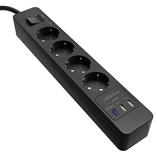 KabelDirekt – 4-Fach-Steckdosenleiste & Mehrfachsteckdose (USB, Quick Charge 3.0, Schnellladegerät, lädt geräteabhängig bis zu 3× schneller, Überspannungs-/Berührungsschutz, TÜV-geprüft, schwarz)