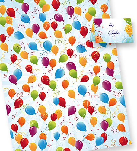 PREMIUM Geschenkpapier Geburtstag (50 Bogen) Luftballons bunt &, inkl. Anhänger, 50 x 70 cm (gefalzt auf 25 x 35 cm), für Party und Kinder