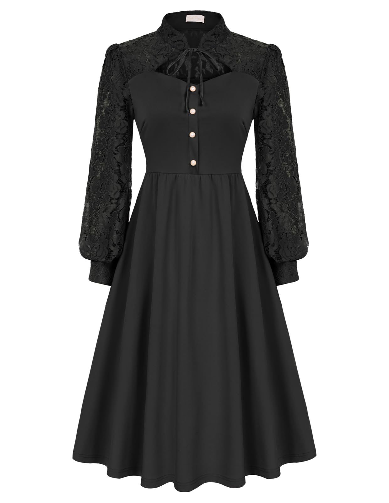 Damen Gothic Kleid Elegant Langarm A-Linie Kleider Festliche Cocktailkleid Abendkleid Schwarz XL