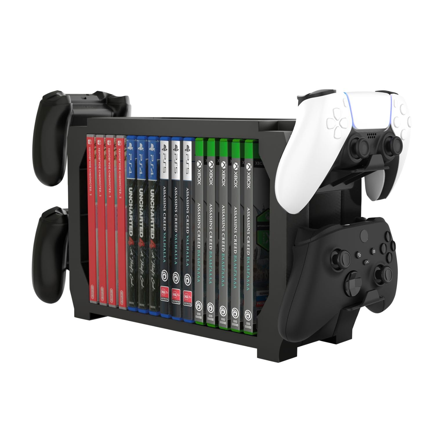 TNP Games Storage Tower (Up to 15 CD Disc) for PS5 Game Disk Rack and Controller Stand Holder for Xbox Series X/Nintendo Switch/PS4 Controller Stand Holder Can hold up to 4 Controller