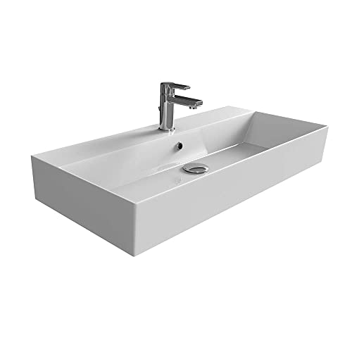 Aqua Bagno | Design Waschbecken Hängewaschbecken Aufsatzwaschbecken Waschtisch aus hochwertiger Keramik eckig KS.90 | 90 x 42 cm | Weiß