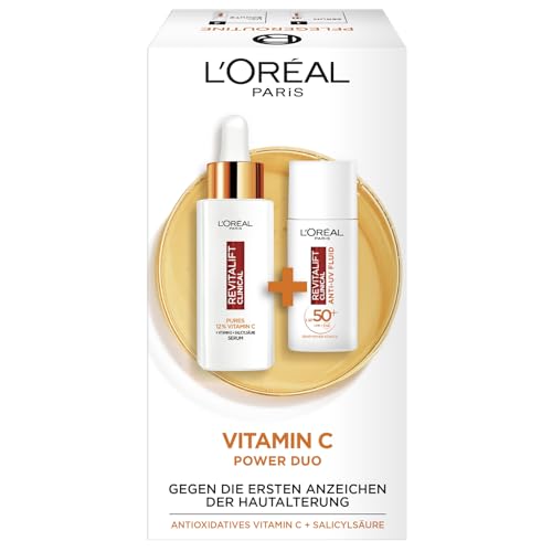 L'Oréal Paris Gesichtspflege-Set mit Vitamin C Serum und Anti-UV-Fluid mit LSF 50+, Für einen strahlenden Hautton und verkleinerte Poren, Gegen erste Anzeichen der Hautalterung, Revitalift Clinical Vitamin C Duo, 30 ml + 50 ml