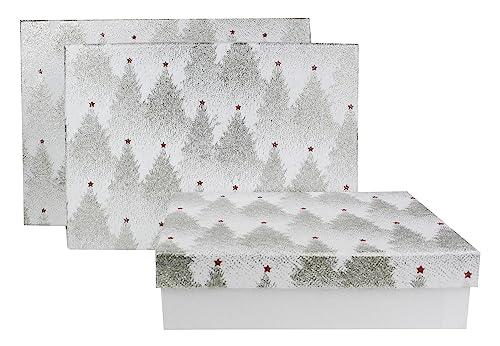 Emartbuy Set von 3 starren rechteckigen Präsentations-Geschenkboxen aus Baumwollpapier, handgefertigt, Glitzerbäume, weiße Innenseite