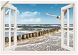 ARTland Wandbild selbstklebend Vinylfolie 70x50 cm Fensterblick Fenster Strand Meer Maritim Ostsee Möwe Himmel T5QT