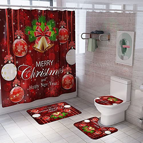 ChYoung 4 STÜCKE Weihnachten Bad Sets Schneemann Weihnachtsmann Duschvorhang / Badematten Teppiche / U-förmigen Podest Matte / Toilettensitzbezug (A13)