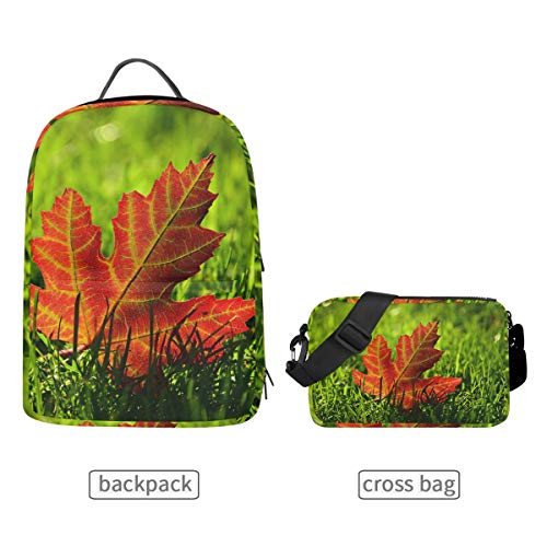 FAJRO Reiserucksack mit Kreuztasche, Motiv: Ahornblatt auf Gras