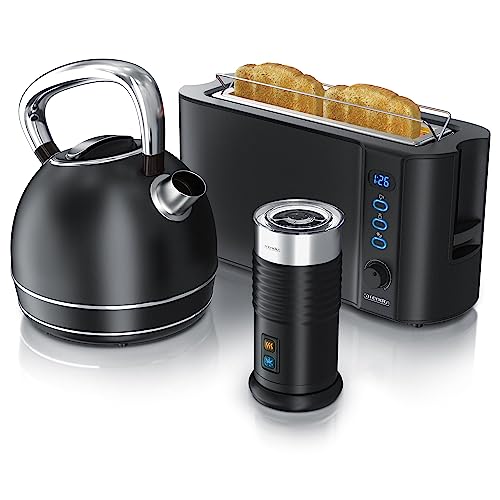 Arendo - Wasserkocher mit Toaster Set, 1,7 Liter Wasserkocher + automatischer Milchaufschäumer + Langschlitz Toaster 2 Scheiben Toaster mit Brötchenaufsatz