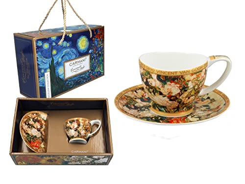 CARMANI - Keramik-Espressotasse und Untertasse mit Vincent Van Gogh, Vase mit Rosen, 100 ml