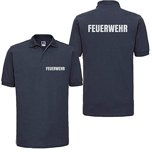 Shirt-Panda Feuerwehr Poloshirt Herren Unisex - Reflektierender beidseitiger Aufdruck Brust & Rücken - viele Dunkelblau (Druck Silber) XXL