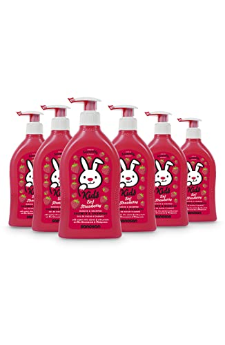 sanosan 2in1 Dusche & Shampoo Erdbeere für Kinder & Baby 6x 400 ml - Duschgel & Haarshampoo mit Bio Olivenextrakt & Milchprotein - Haarpflege, Hautpflege, Shower Gel, Haar Shampoo