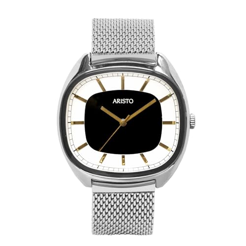 Aristo Unisex Quarz-Armbanduhr - Milanaisearmband und poliertes bicolores schwarzes Edelstahl Ziffernblatt mit Front aus Mineralglas - Made in Germany
