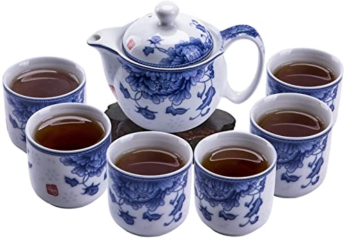 7-teiliges chinesisches Kung-Fu-Teeset, blaues und weißes Porzellan-Teeservice für Kungfu, Teeservice
