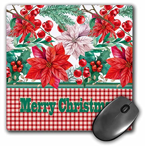 3dRose Mauspad mit Bild von schönen Weihnachtssternen und Stechpalmen, Gingham-Design, Merry Christmas – (mp-354178-1)