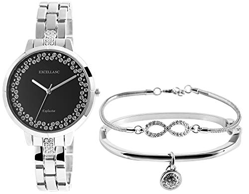 Excellanc Geschenkset-Damen Uhr Gliederarmband Armreif Armband Strass 1800217 (silberfarbig)