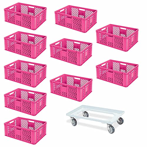 10 Eurobehälter, LxBxH 600x400x240 mm, Industriequalität, lebensmittelecht, pink + 1 Transportroller, weiß
