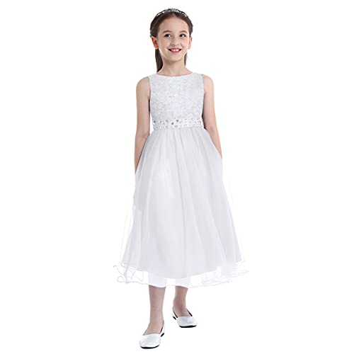 YiZYiF Mädchen Prinzessin Kleid Hochzeits Festzug Kleid Blumenmädchenkleid festlich Brautjungfern Kleid Party Tüll Kleidung Weiß 152