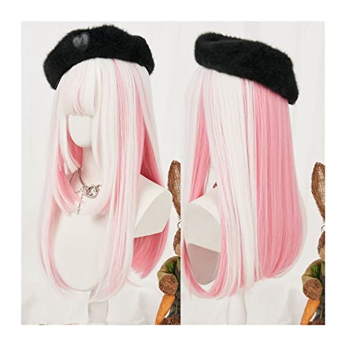 Perücken Synthetische Cosplay-Perücke, lange, glatte Haarperücke mit Pony, seidige, gerade, weiße, rosafarbene Mädchenperücke, hitzebeständige Faser-Synthetikperücke perücke fasching